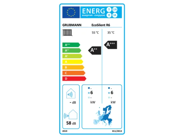 Energetický štítok tepelného čerpadla Grubmann EcoSilent R6. Mierne pásmo: výstupná voda 35°C = 6kW, výstupná voda 55°C = 6kW